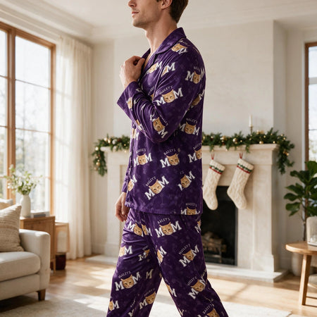 Custom Photo Upload Pajamas with Cat MOM DAD Pattern & Paw Prints BF8TU