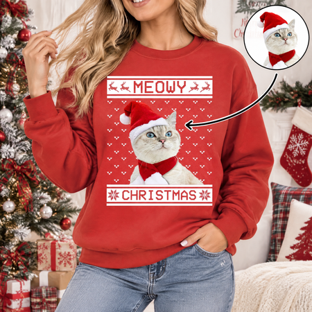 Custom Photo Upload Meowy Christmas Cat Sweatshirt 4TLWN