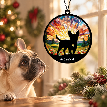 Custom Personalized Suncatcher Ornament with Sunset & Dog Silhouette 9RE3J
