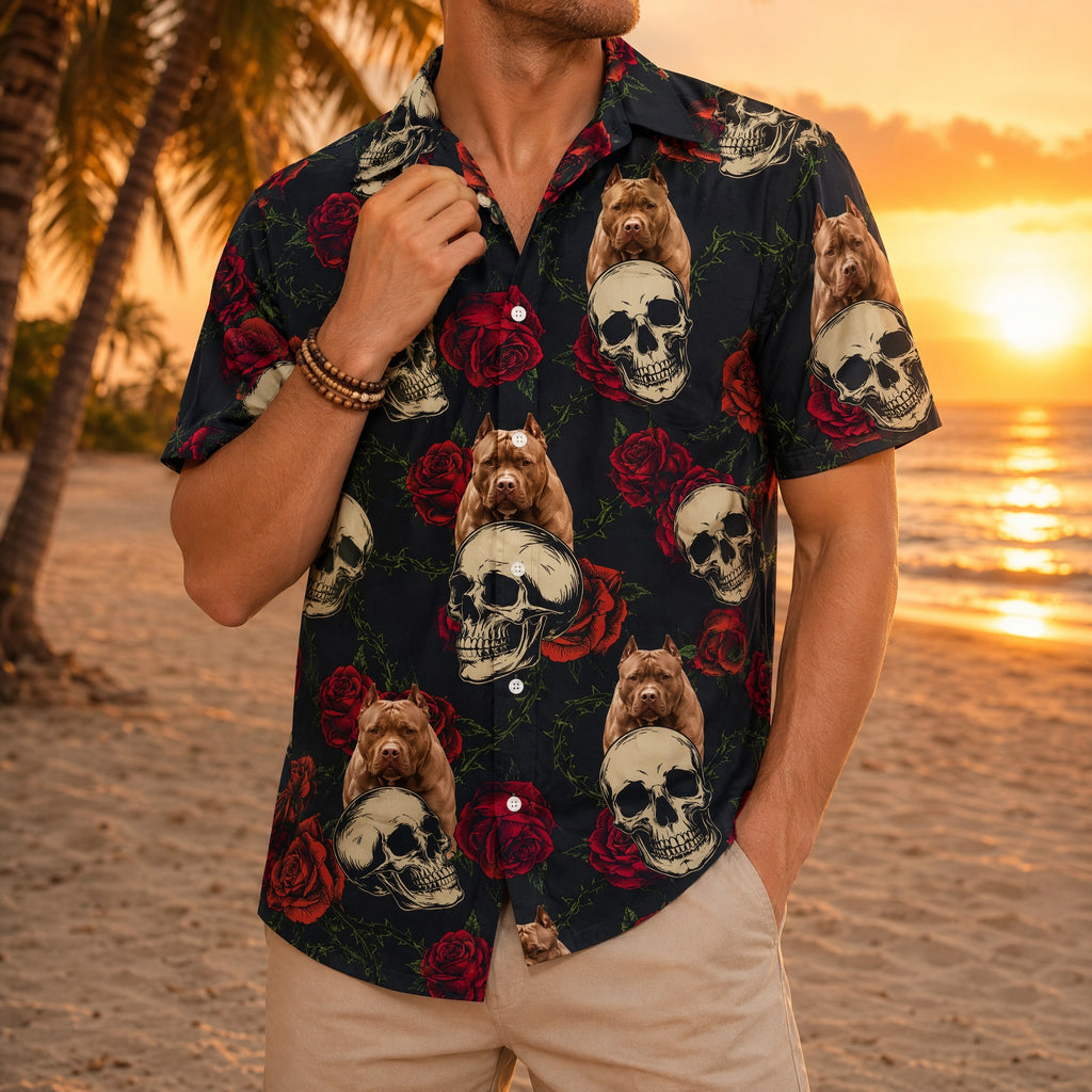 Custom Dog Skull Face Tropical Leaf Hawaiian Shirt — Gift for Dog Lovers S6G54