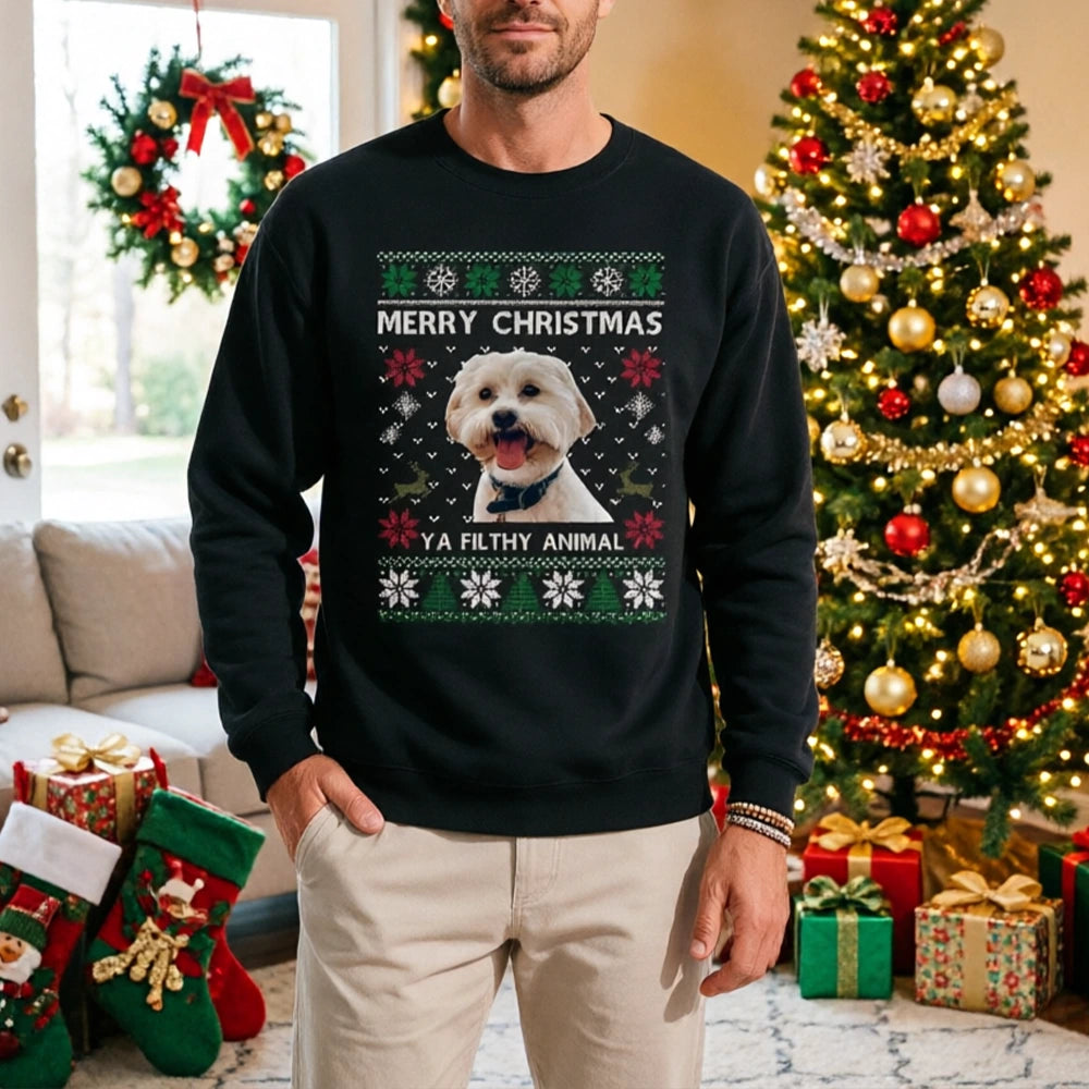 Custom Photo Ugly Christmas Ya Filthy Animal Dog Cat Sweatshirt, Dog Lover Sweater Christmas CVUFA