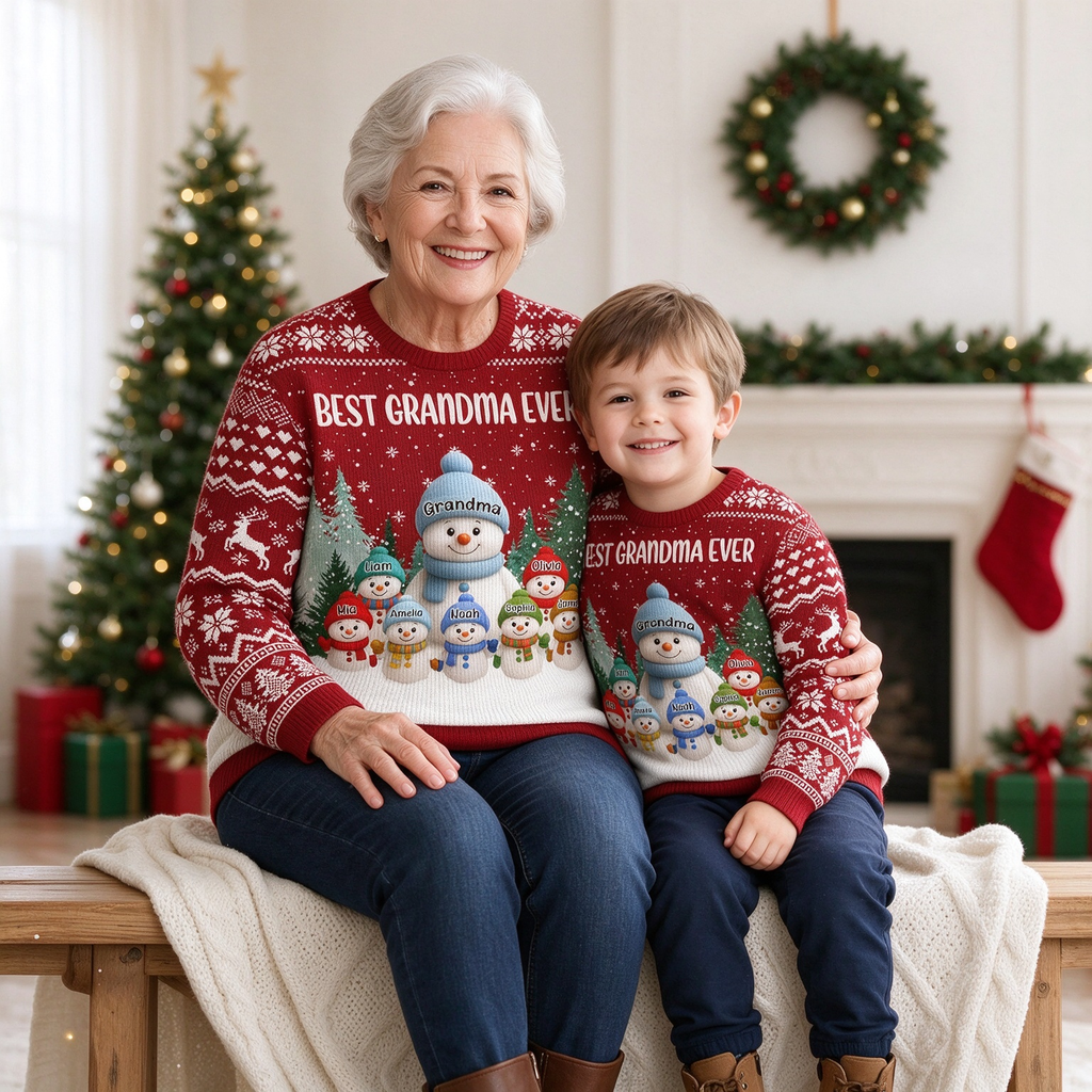 Custom Personalized Best Grandma Ever Snowman Family Christmas Sweater CJ9HJ
