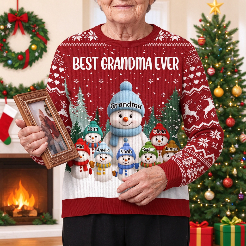 Custom Personalized Best Grandma Ever Snowman Family Christmas Sweater CJ9HJ
