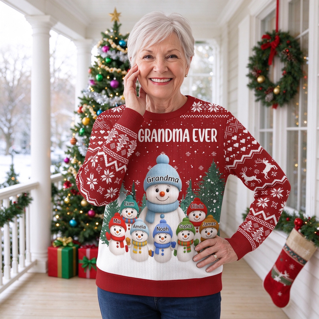 Custom Personalized Best Grandma Ever Snowman Family Christmas Sweater CJ9HJ