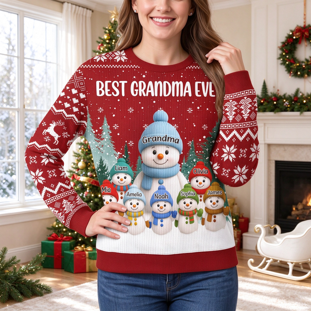Custom Personalized Best Grandma Ever Snowman Family Christmas Sweater CJ9HJ