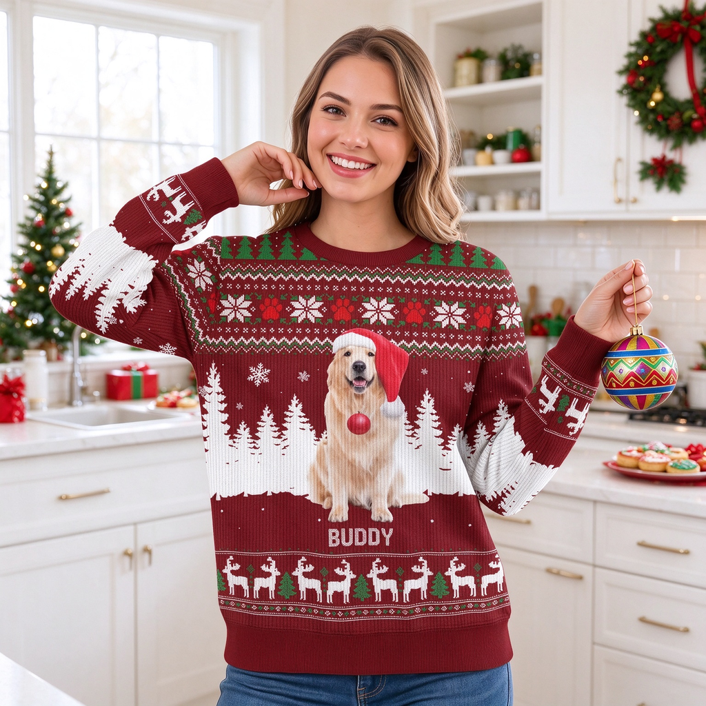 Custom Photo Upload Christmas Sweater with Dog & Winter Scene STUW3