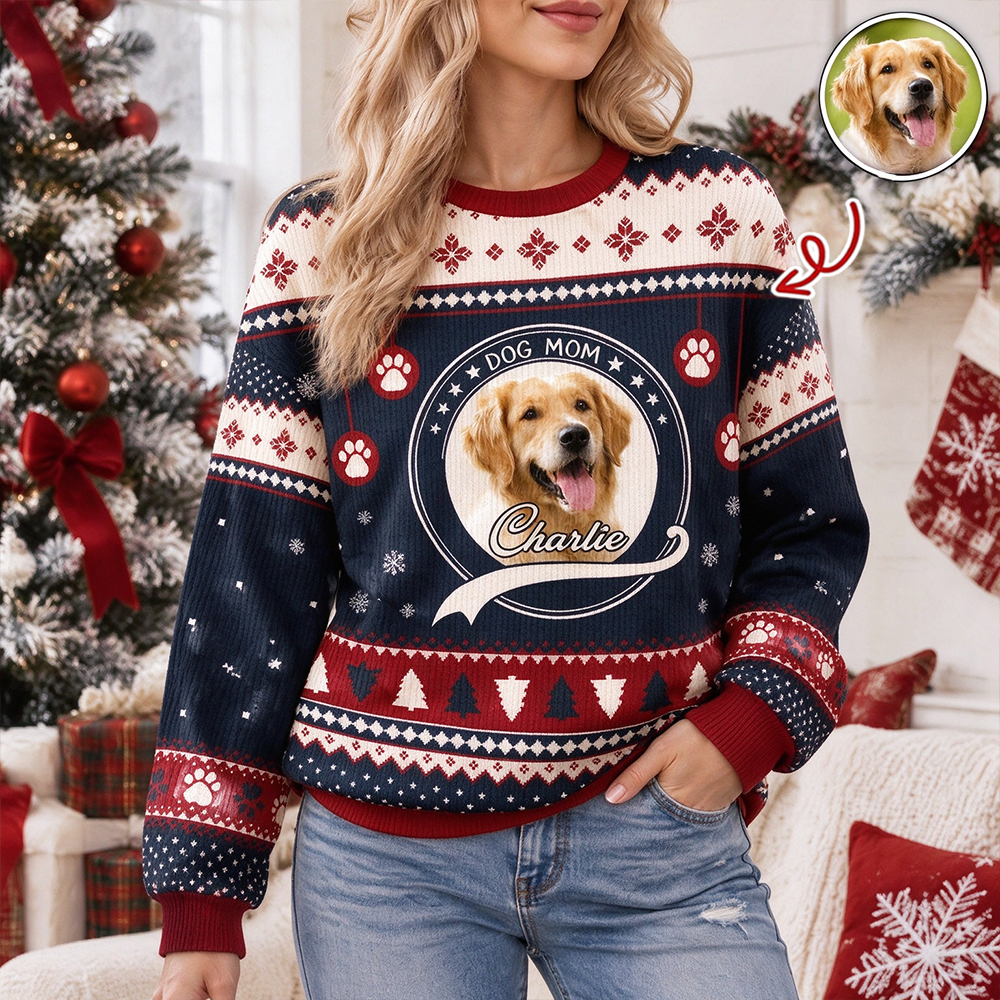 Custom Photo Upload Dog Mom Sweater with Fair Isle Pattern SBV53