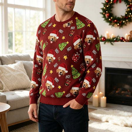 Custom Photo Upload Sweater with Santa Dog and HO! Christmas Pattern PK31S