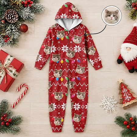 Custom Photo Upload Onesie Pajamas with Cats & Christmas Lights 6QPG0