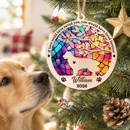 Custom Personalized Suncatcher Ornament with Dog Silhouette & Rainbow Sky A9WNA