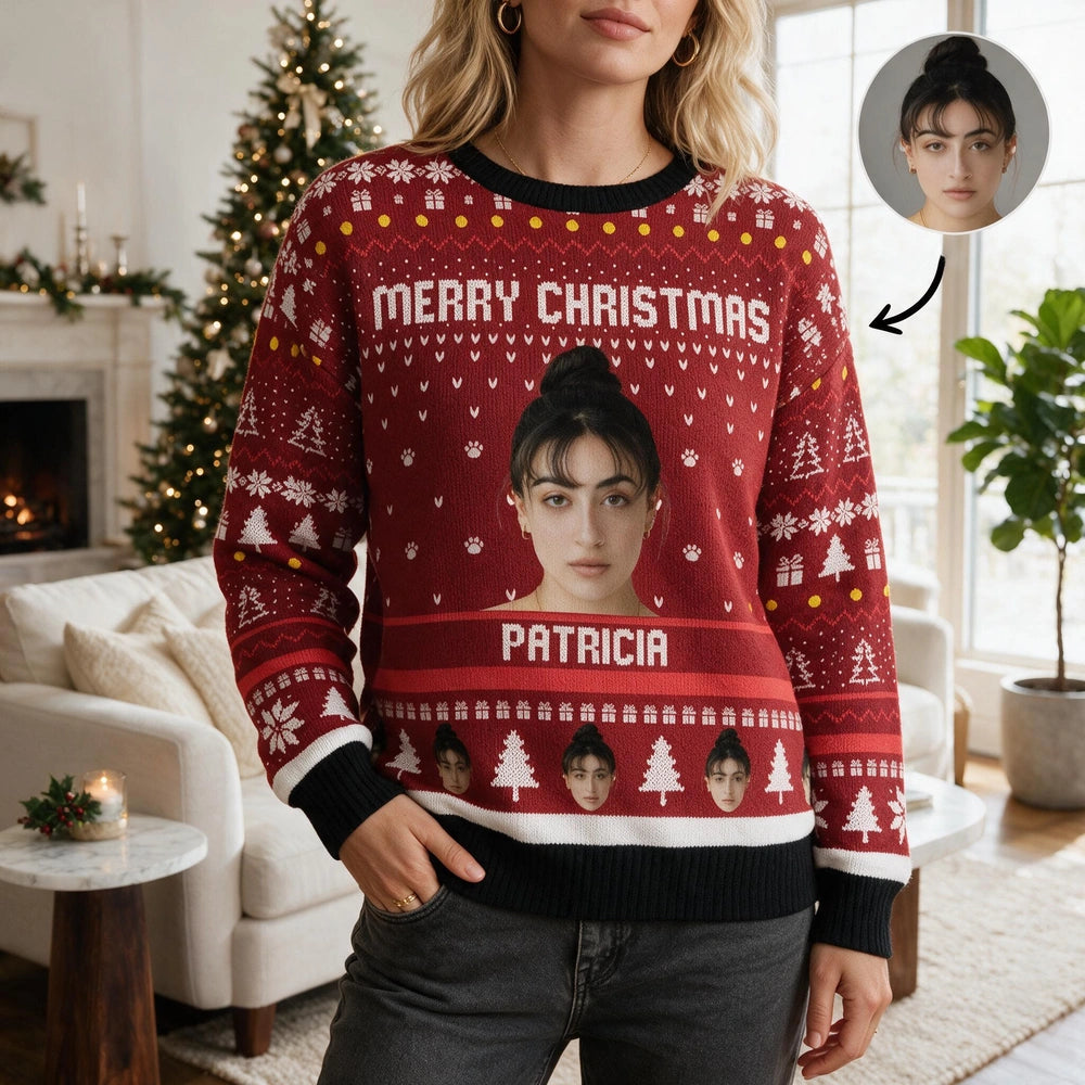 Custom Photo Upload Merry Christmas Sweater with Festive Pattern U73QM
