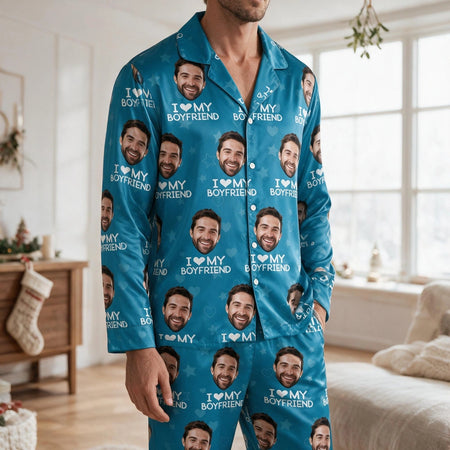 Custom Photo Upload I Love My Wife Pajamas with Hearts and Stars NVZJN