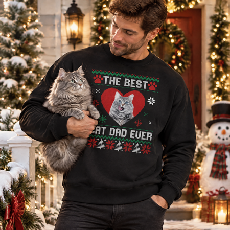 Custom Photo Upload Christmas Sweatshirt The Best Cat Dad Ever 85RSA