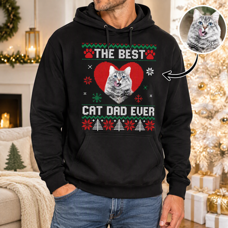 Custom Photo Upload Christmas Sweatshirt The Best Cat Dad Ever 85RSA
