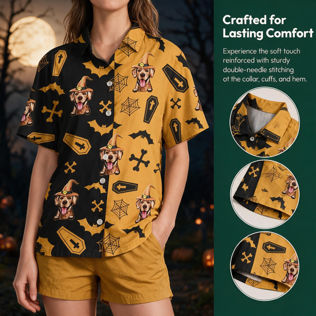 Custom Photo Upload Hawaiian Shirt with Halloween Dog & Bats 9S3Q7