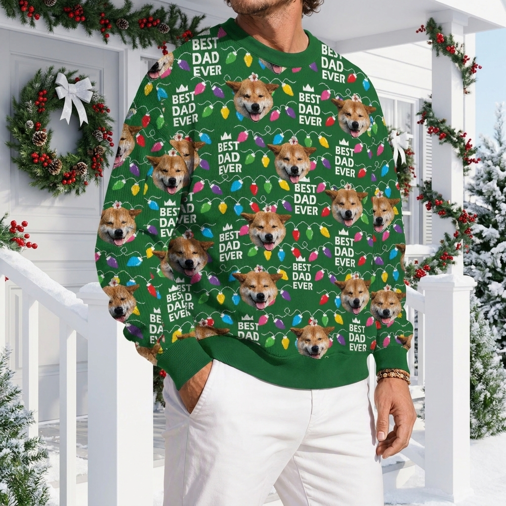 Custom Photo Upload Sweater with Best Mama Ever & Christmas Lights RNP3M