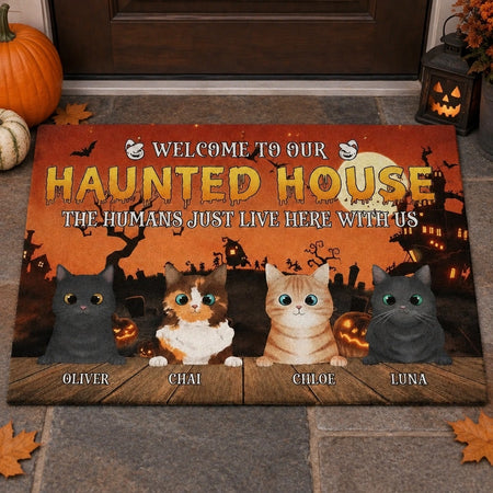 Custom Personalized Doormat with Halloween Cats & Haunted House 7UWJV