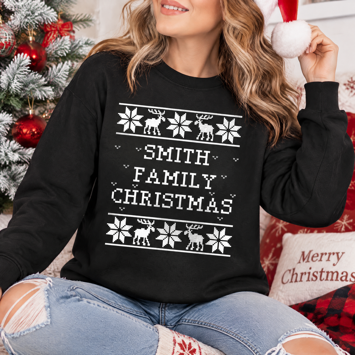 Custom Personalized Christmas Sweatshirt with Snowflakes & Reindeer E77E5