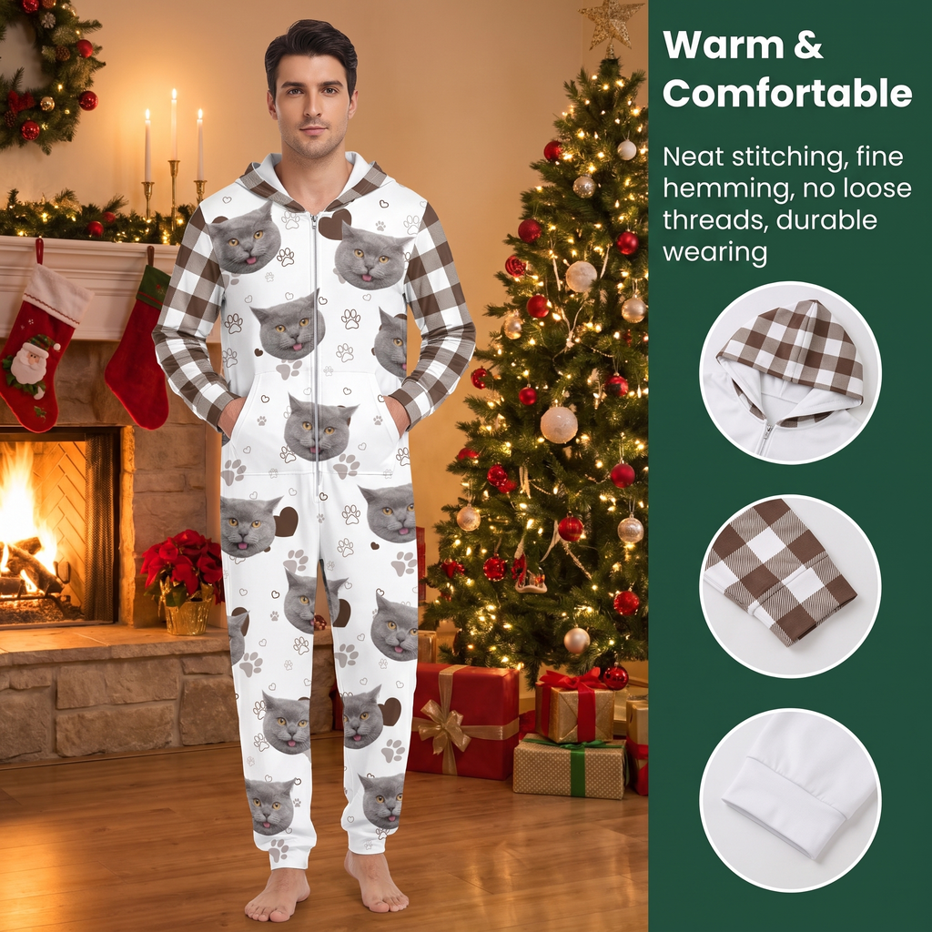 Custom Photo Upload Onesie Pajamas with Cat Faces & Plaid Sleeves 4ILQ1