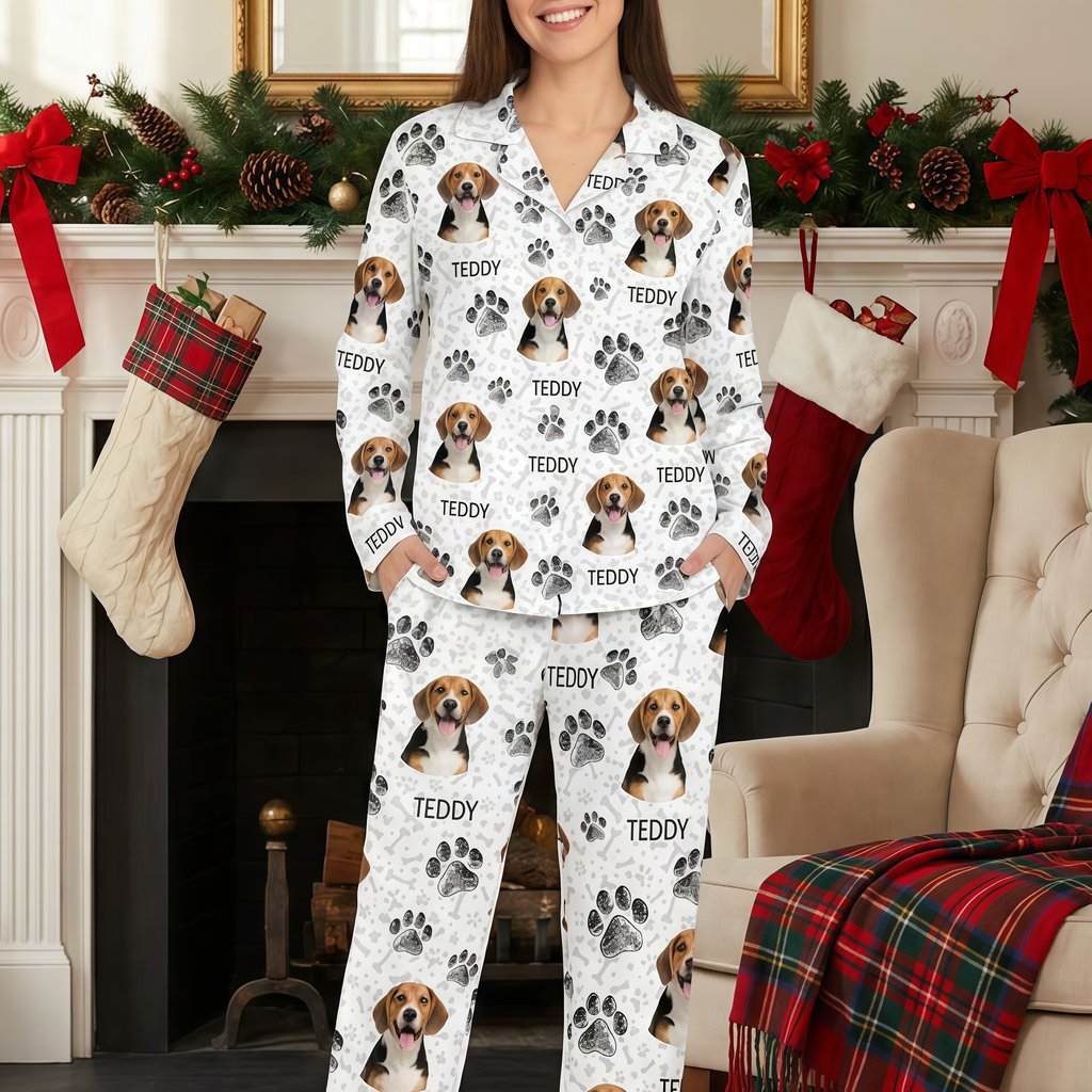 Custom Photo Upload Pajamas with Cat Portraits and Paw Prints 9JSU8