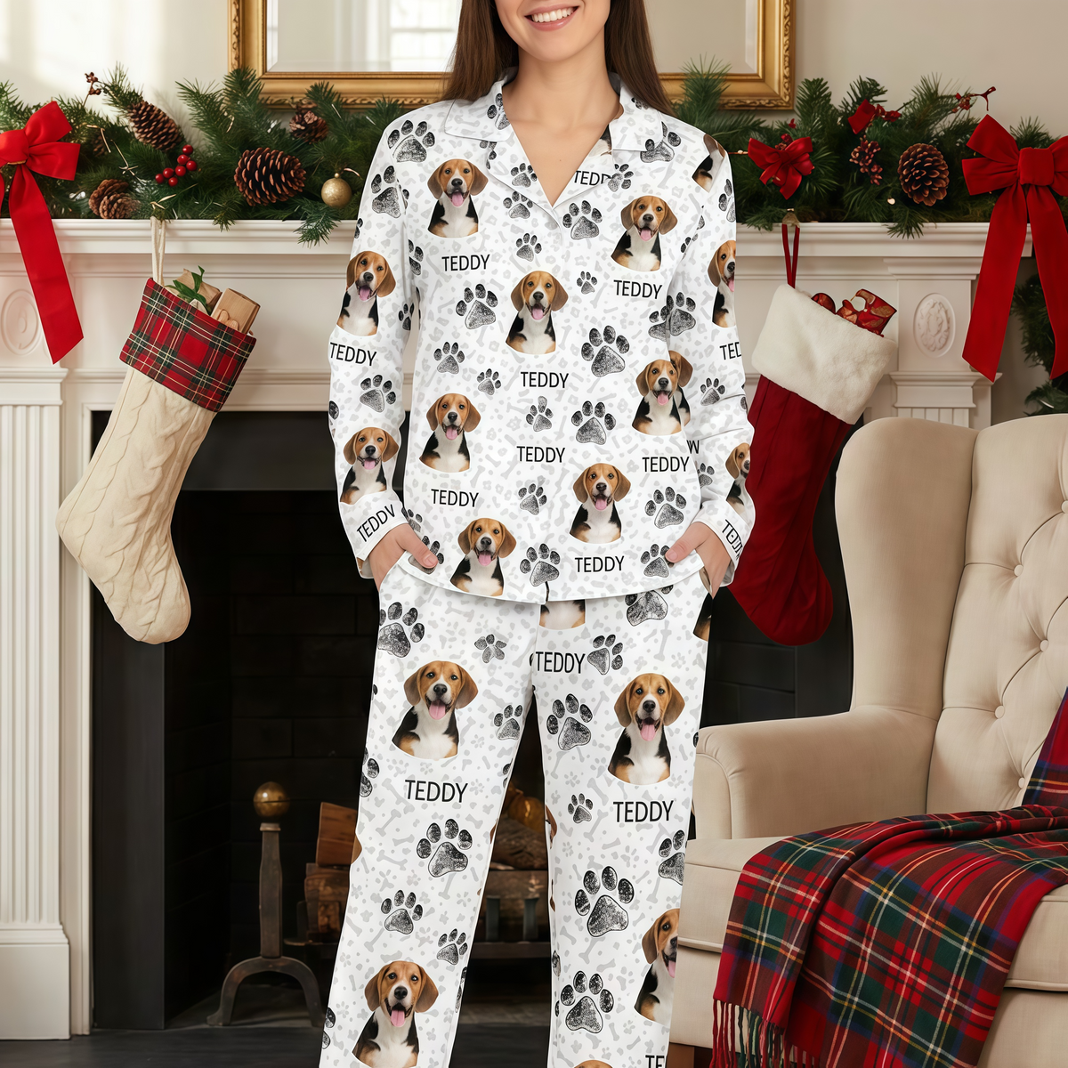 Custom Photo Upload Pajamas with Cat Portraits and Paw Prints 9JSU8