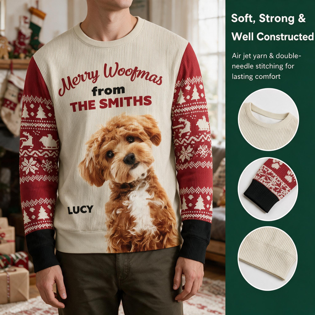 Custom Photo Upload Merry Woofmas Sweater with Fair Isle Sleeves 3Z32T