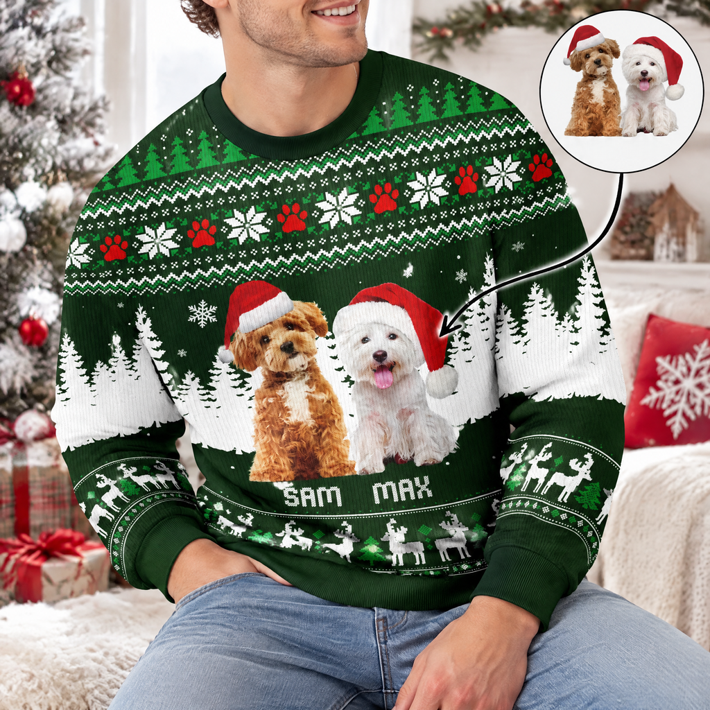 Custom Photo Upload Christmas Sweater with Dog & Winter Scene STUW3