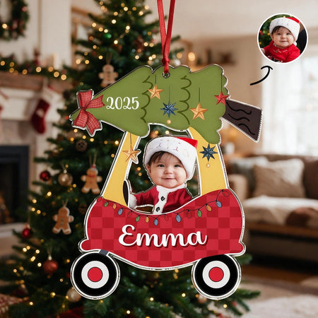 Custom Photo Upload Acrylic Ornament with Christmas Tree & Red Car HIPJA