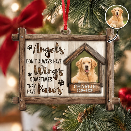 Custom Photo Upload Wood Ornament with Angels Have Paws Design AS56B