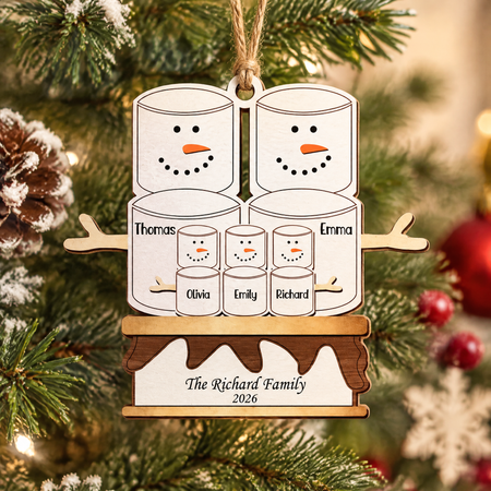Custom Personalized Wood Ornament with Marshmallow Snowman Family MB985