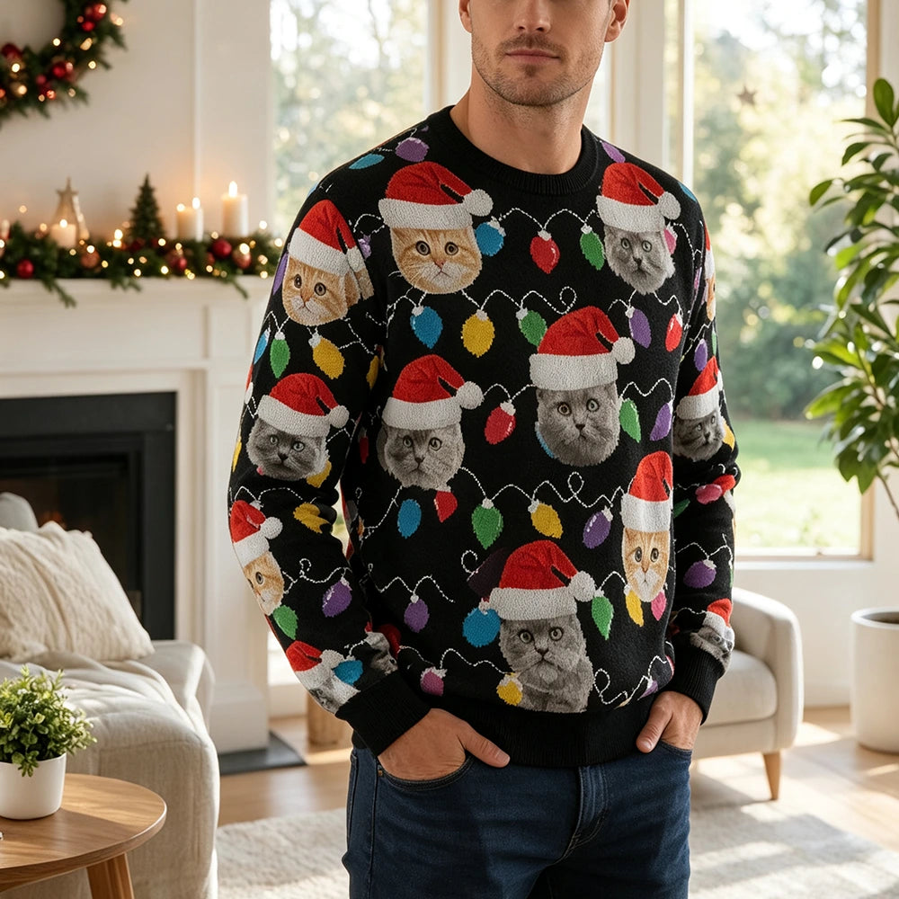 Custom Photo Upload Sweater with Cats in Santa Hats & Christmas Lights TT0TQ