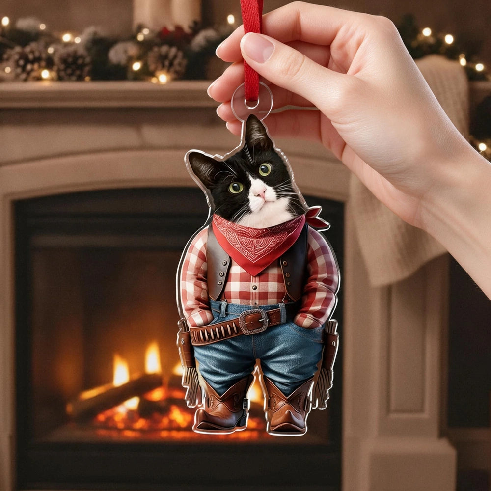 Custom Photo Upload Acrylic Ornament with Pet in Cowboy Outfit PV6BR