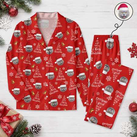 Custom Photo Upload Pajama Set with Santa Cats & Merry Christmas UMC8F