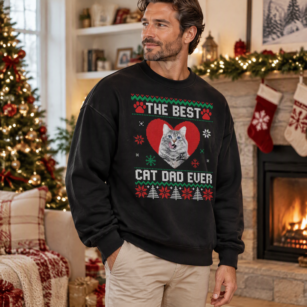 Custom Photo Upload Christmas Sweatshirt The Best Cat Dad Ever 85RSA