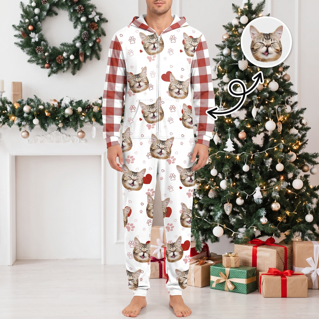Custom Photo Upload Onesie Pajamas with Cat Faces & Plaid Sleeves 4ILQ1