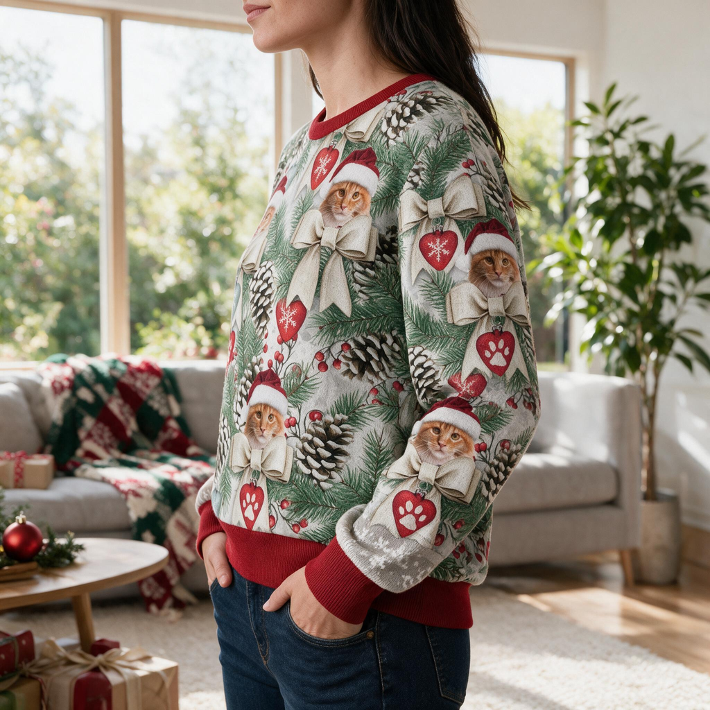 Custom Photo Upload Christmas Sweater with Beagle & Pine Cones RV4WE