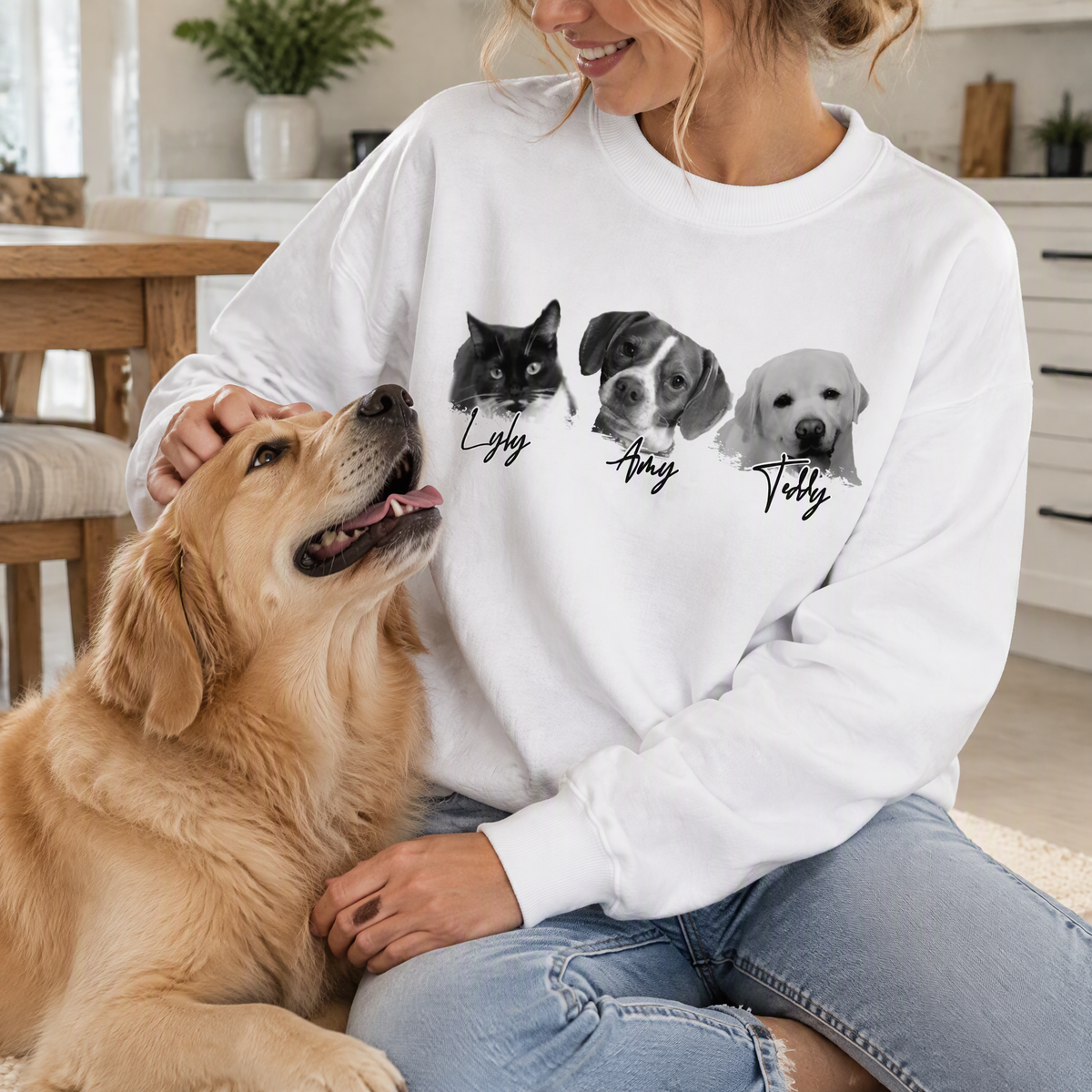Personalized pet portrait sweatshirts featuring custom dog portraits