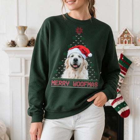 Custom Photo Upload Sweatshirt with Merry Woofmas Ugly Sweater Design 4QXLY
