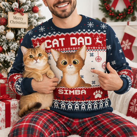 Custom Personalized Cat Dad Ugly Christmas Sweater with Photo Upload EE5WW