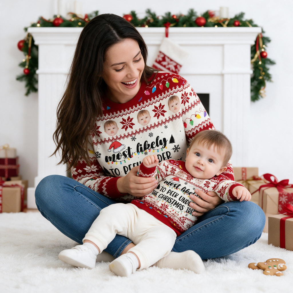 Custom Photo Upload Most Likely to Peek Under the Christmas Tree Sweater 4R2UT