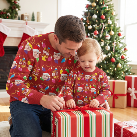 Custom Photo Upload Sweater with Best Dad Ever & Christmas Lights NCW46
