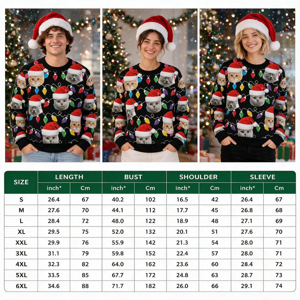Custom Photo Upload Sweater with Cats in Santa Hats & Christmas Lights TT0TQ