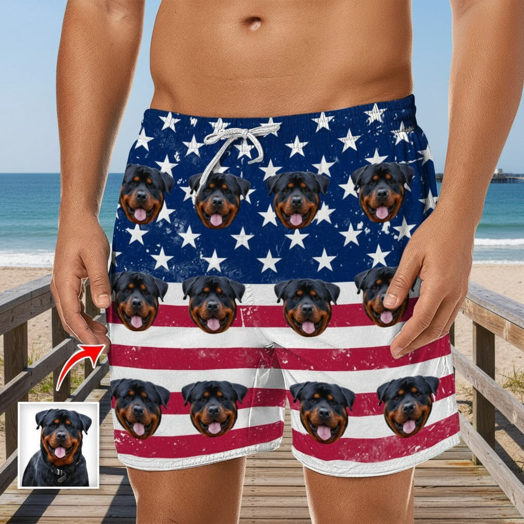 Custom Photo America Flag Dog Lover Beach Short B2QH6