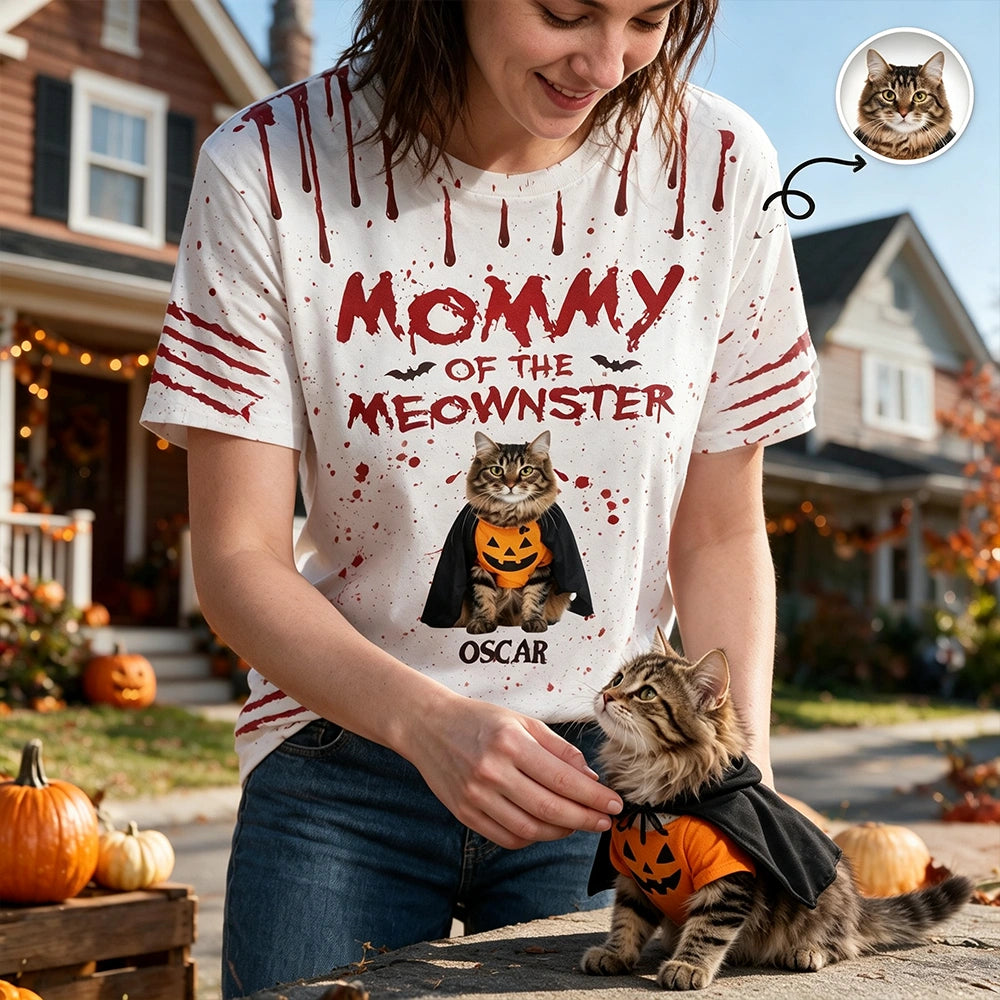 Custom Photo Upload Mommy Daddy of the Meownster Halloween T-Shirt W55Z4