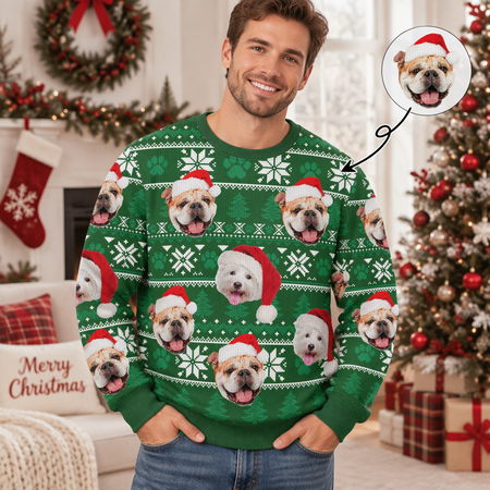 Custom Photo Upload Christmas Sweater with Dogs in Santa Hats KQAAE