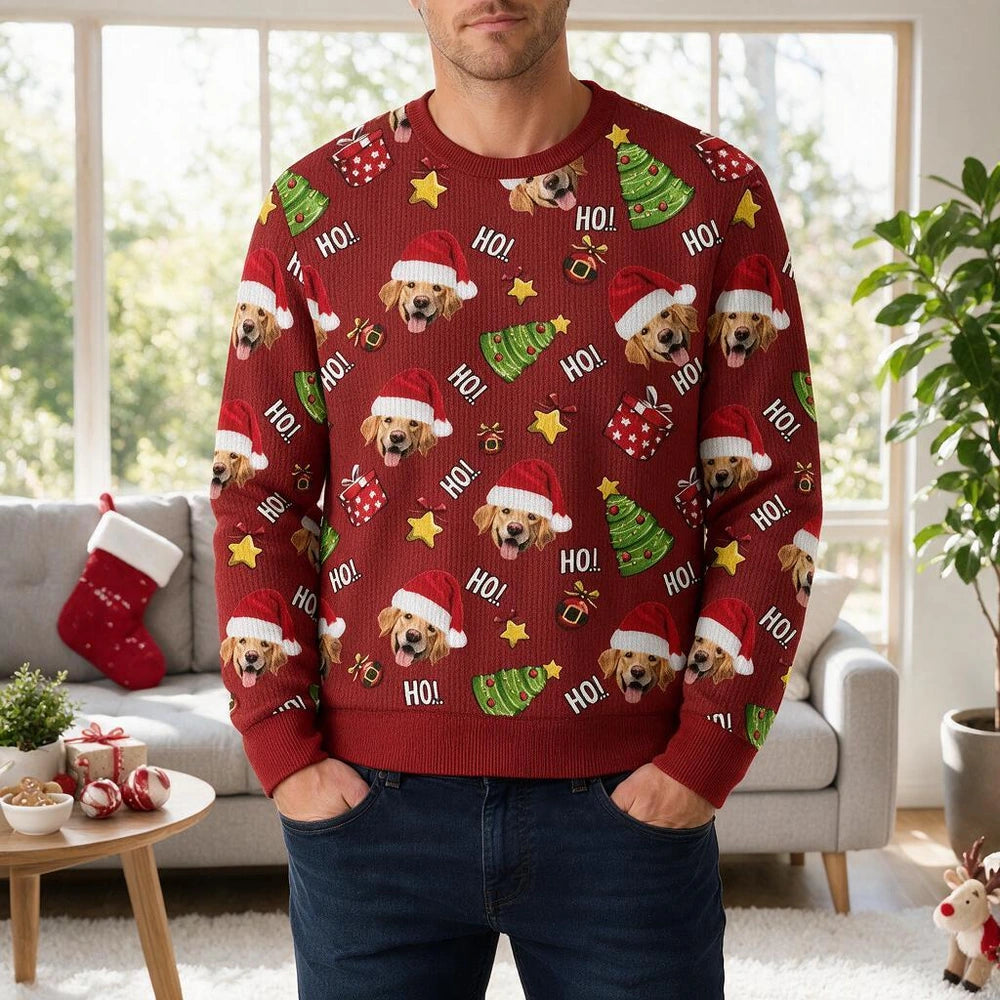Custom Photo Upload Sweater with Santa Dog and HO! Christmas Pattern PK31S
