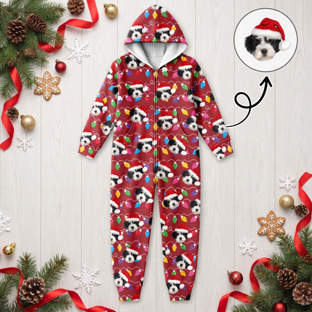 Custom Photo Upload Onesie Pajamas with Santa Dogs & Christmas Lights PI0QR