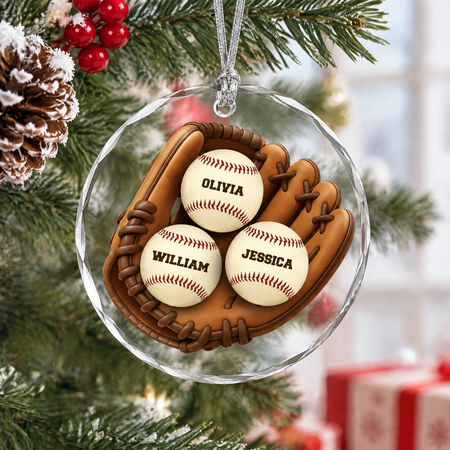 Custom Personalized Round Shaped Glass Ornament with Baseball Glove UT4R5