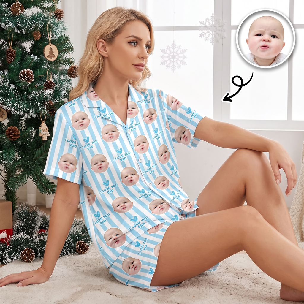 Custom Photo Upload Pajama Set with Pink Stripes & I Love You Mom K9A3Y