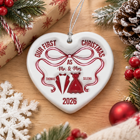 Custom Personalized Ceramic Ornament with Red Bow and Mr. & Mrs. WK9AY